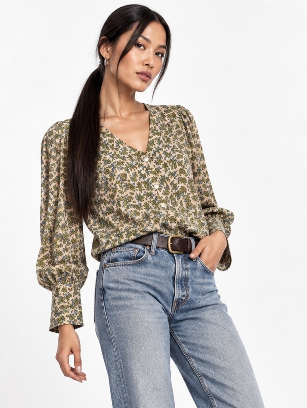 Levi’s Floral Button Front Blouse Long Sleeve Cottagecore Tan Blue Green L
